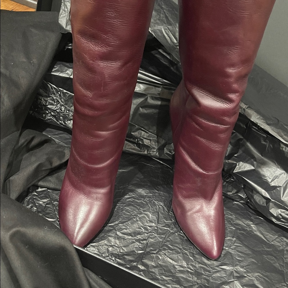 Saint Laurent Burgundy Knee-High Leather Boots